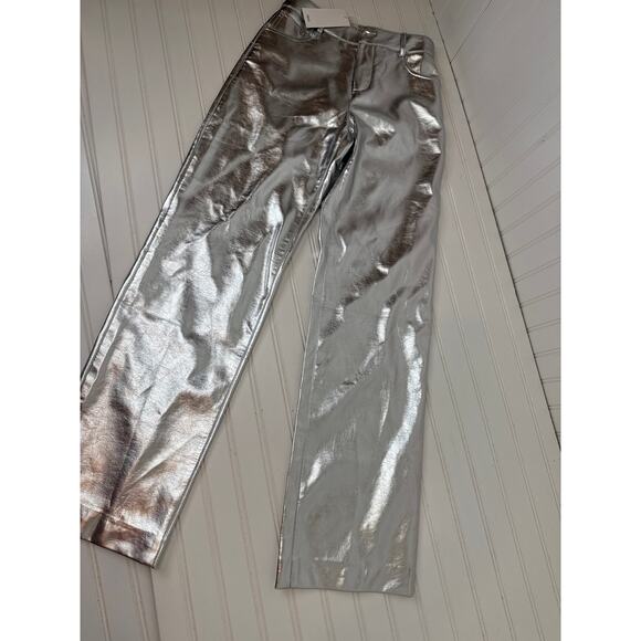NWT Mango Silver Metallic Straight Leg Jeans High Waisted Womens Size 2 - Picture 2 of 6